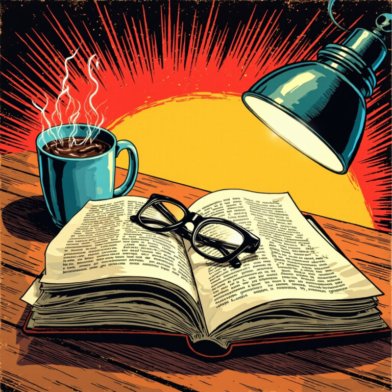 A retro comic-book style illustration of an open comic book with a coffee mug and reading glasses on a wooden table, in bold black ink and primary colors