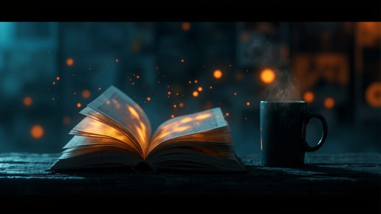 Open comic book on dark wooden desk with warm light