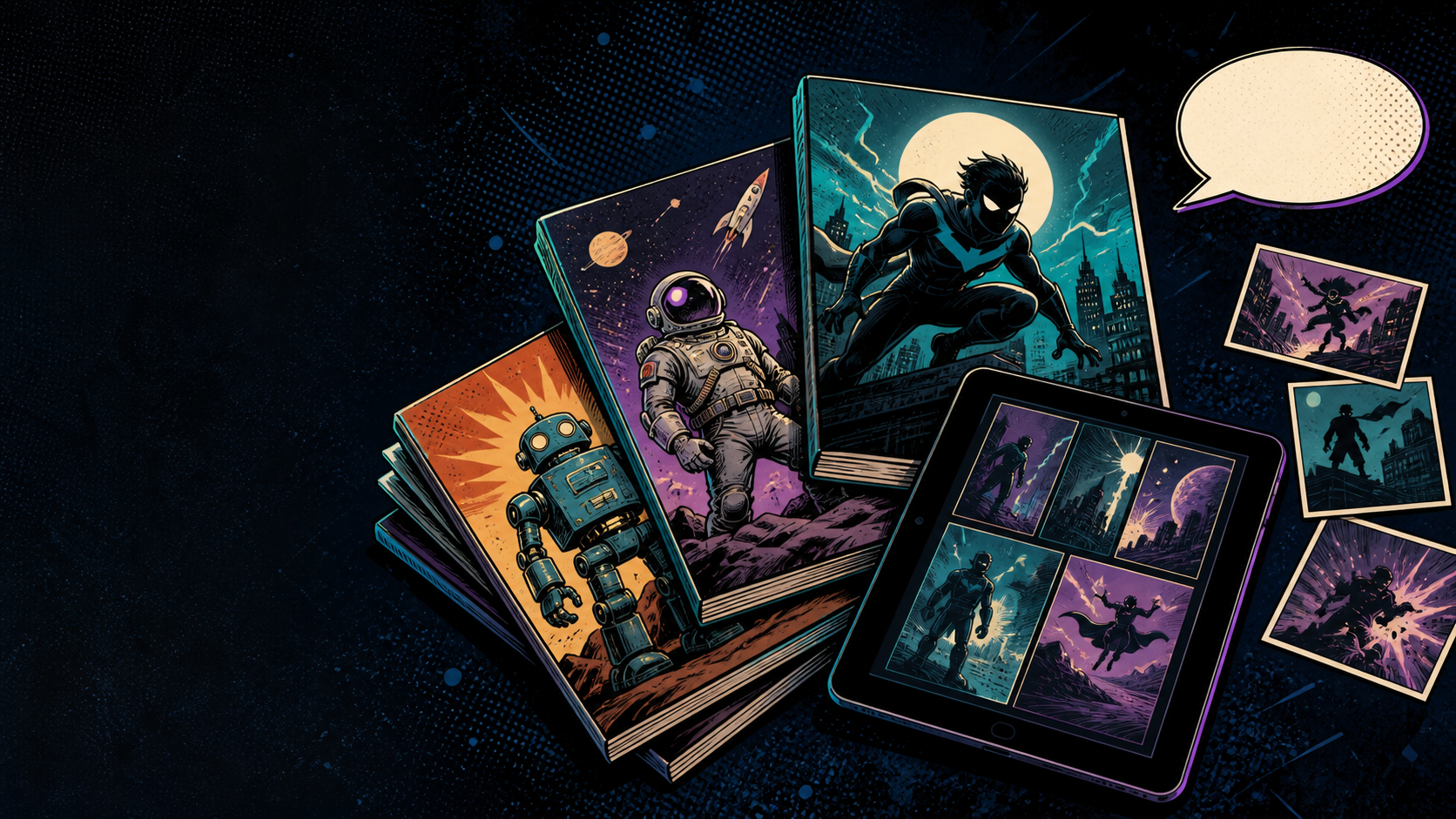 Illustrated stack of comic books and digital comic panels