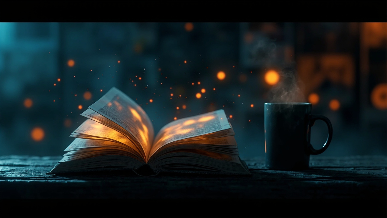 Open comic book on dark wooden desk with warm light