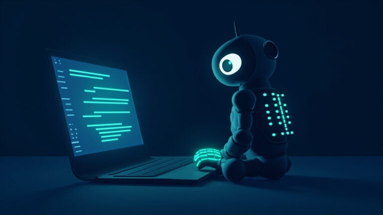AI assistant beside glowing laptop