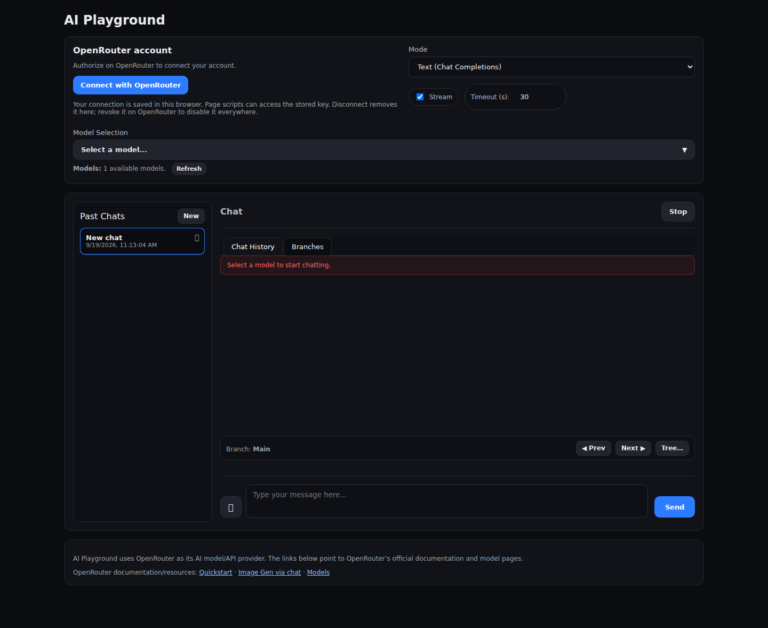 AI Playground interface with the Connect with OpenRouter button, model selector and chat area