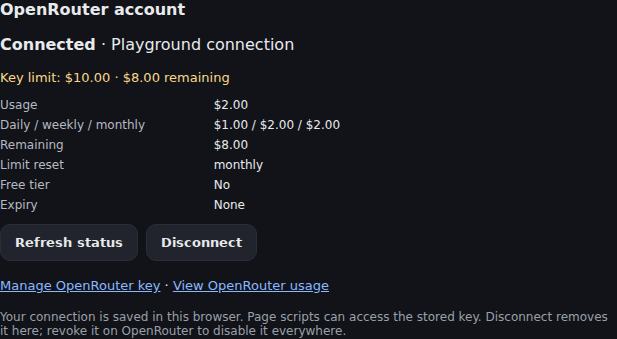 AI Playground account panel showing sample usage, remaining spending allowance and OpenRouter management links
