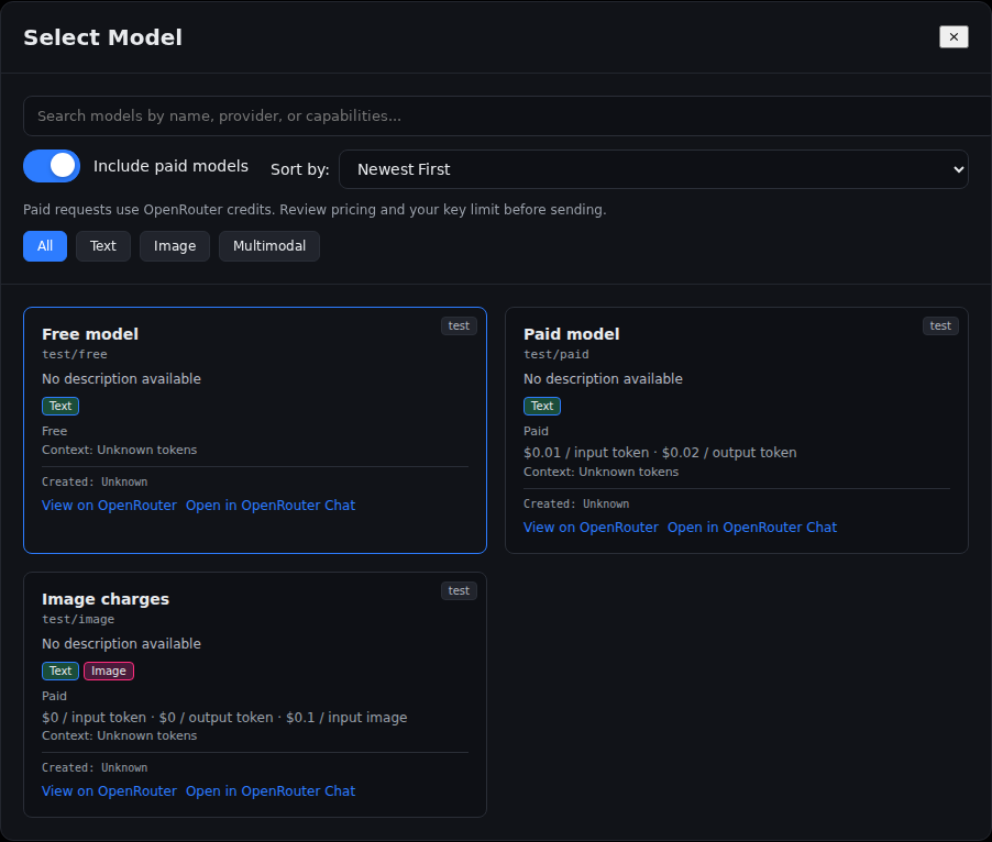 AI Playground model selector with an Include paid models toggle and sample token and image prices