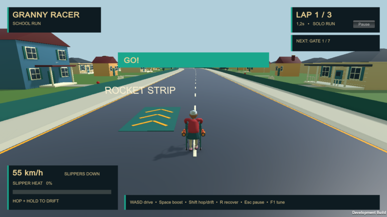 Granny Racer is a 3D arcade racing game in which grannies ride modified walking frames fitted with boosters. The current build is a single-racer POC — one greybox track called Quiet Sunday, one merged Granny walker model, and a slipper-heat loop that turns boost into a real decision.