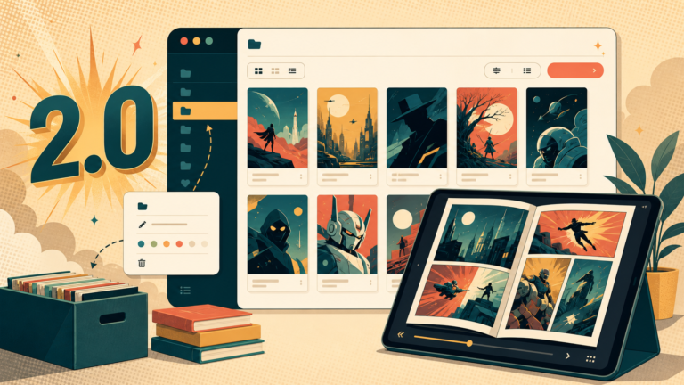 Illustration of the Panel Page Flip 2.0 digital comics library and reader