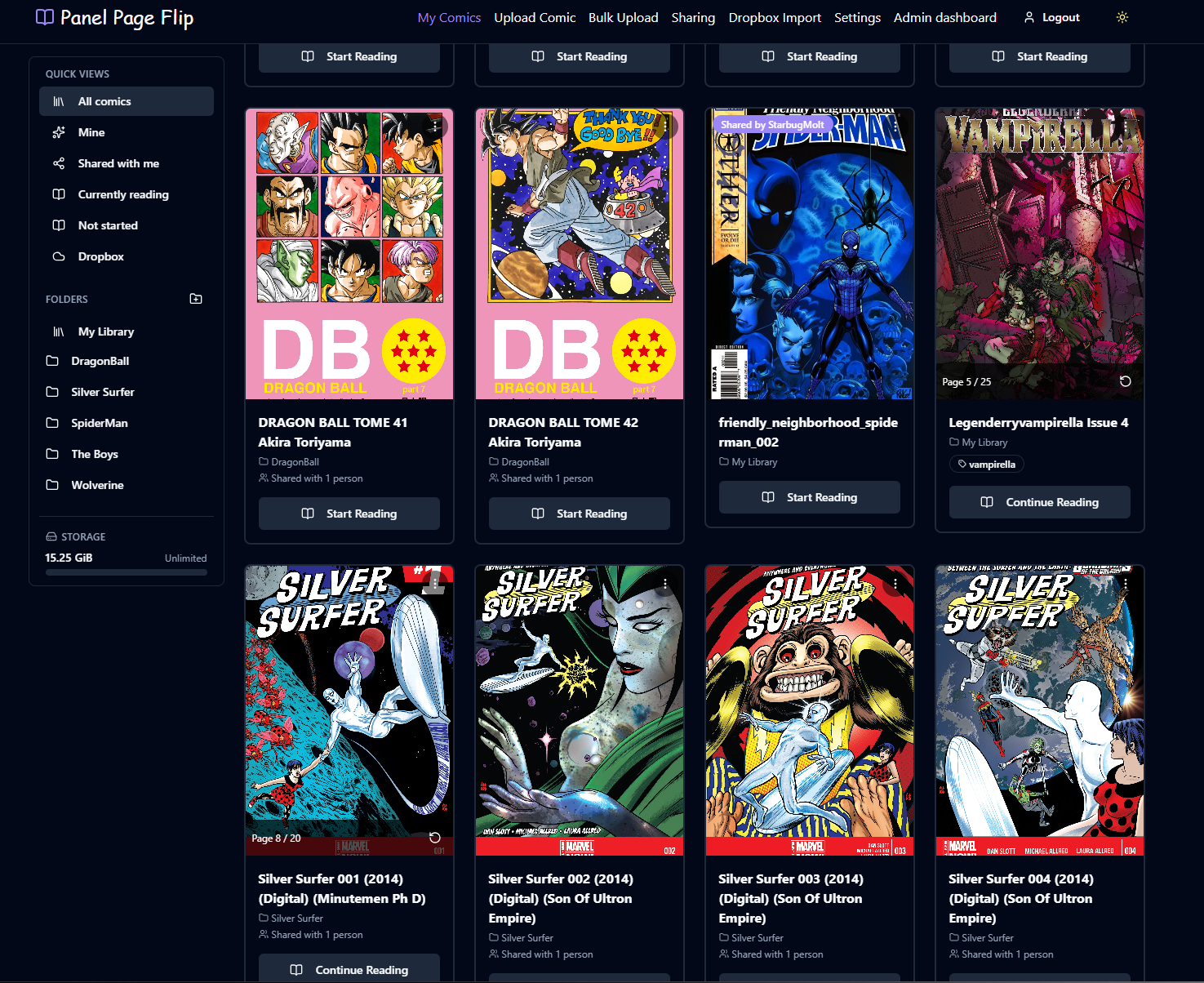 The Panel Page Flip library dashboard on a desktop screen with dark theme: left sidebar with folders (DragonBall, Silver Surfer, SpiderMan, The Boys, Wolverine), and a grid of comic covers including Dragon Ball and Silver Surfer.
