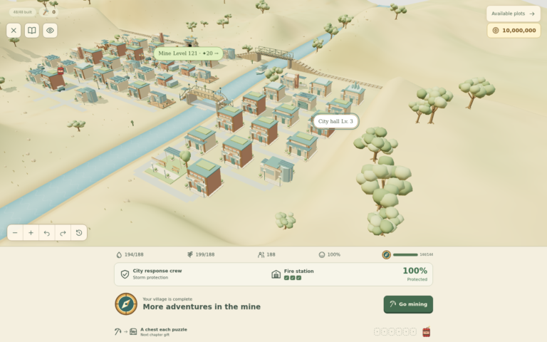A 3D game view of Prospect Hollow’s Connected City era, with buildings on both sides of the river and bridges between them. This gallery image predates the latest update.