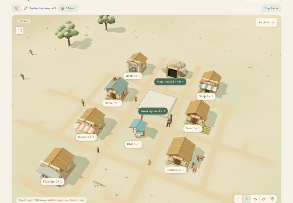 A 3D Prospect Hollow Frontier village with the mine, town square, well, houses, saloon, bank and residents along its dirt roads.