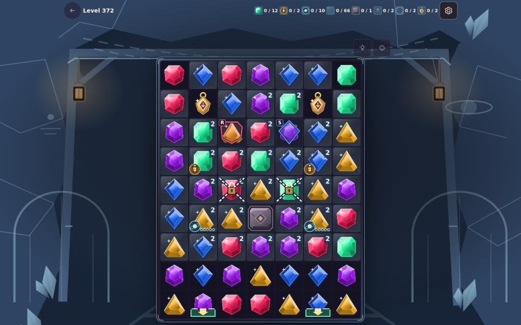 Prospect Hollow level 372 mine board with colourful jewels, charge cores, relics and stone obstacles.