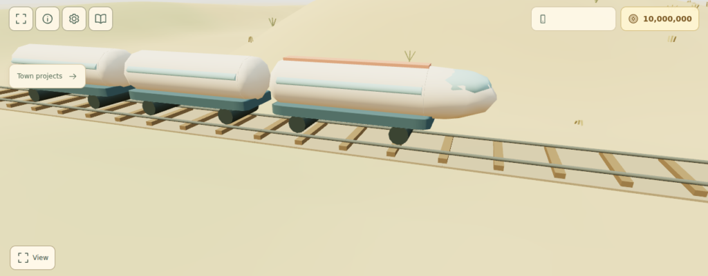 In-game 3D view of the white and pale blue solar express train travelling through Tomorrow City.