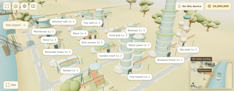 In-game 3D view of Tomorrow City with rounded towers, streets, the Biodome and Sky pods.