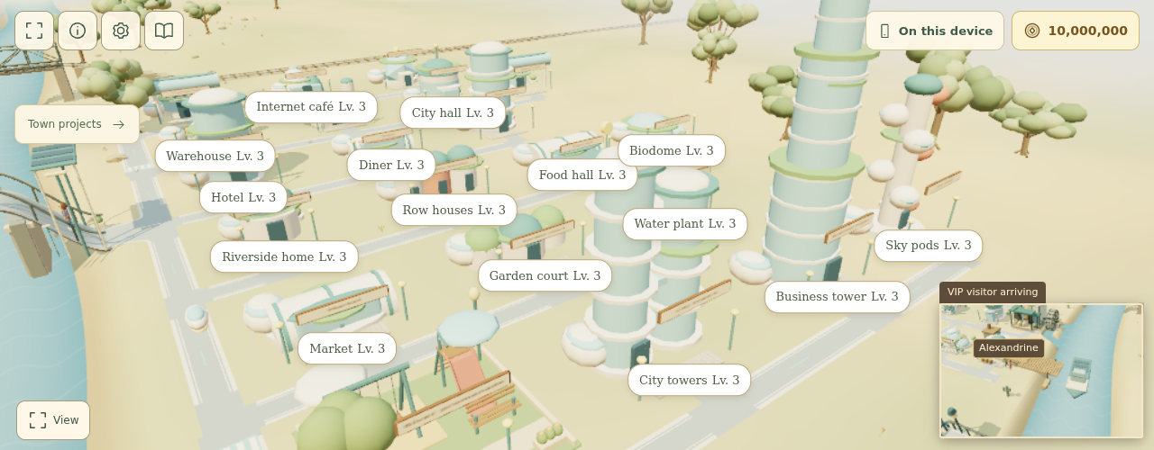 In-game 3D view of Tomorrow City with rounded towers, streets, the Biodome and Sky pods.
