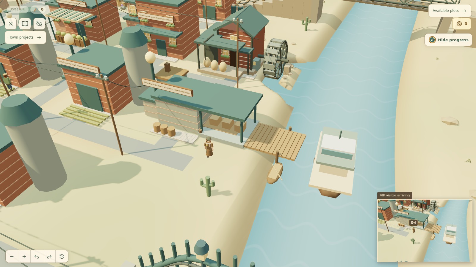 Prospect Hollow Industrial-era waterfront with a named VIP visitor arriving by boat and a small secondary view showing the arrival.
