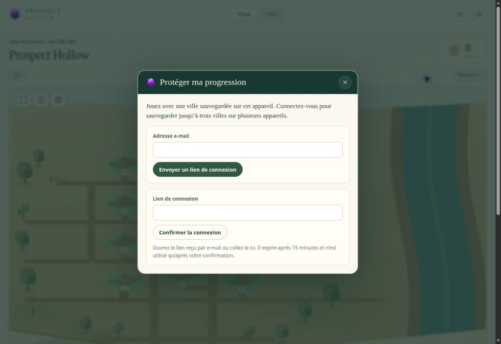 French Protect my progress dialog in Prospect Hollow with email-link sign-in and a message that an account can save up to three towns across devices.