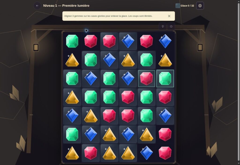 Level one Prospect Hollow mine showing colorful jewel tiles on a six-column board and an ice-clearing objective.