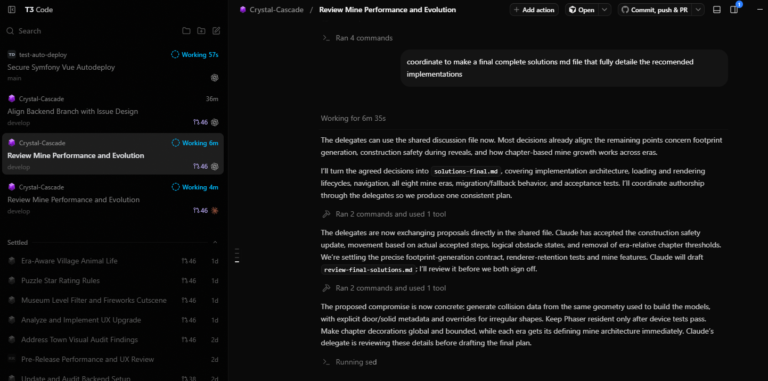 T3 Code screenshot with two parallel Prospect Hollow reviews and a coordinator discussing shared decisions on geometry, construction and rendering.