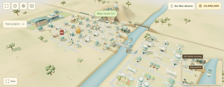 3D preview of Prospect Hollow’s Tomorrow City with rounded buildings along both sides of the river.