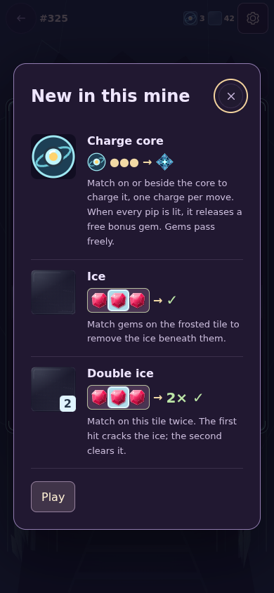 Mobile mine guide explaining how matching beside a charge core builds energy and releases a bonus gem.