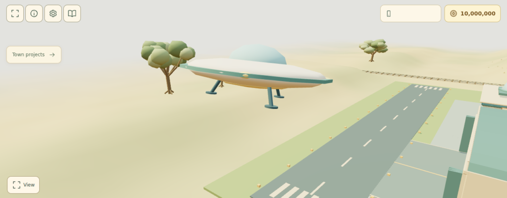 3D game screenshot of a saucer-shaped aircraft with landing legs beside the Tomorrow City airport runway.