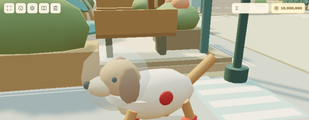 The Prospect Hollow dog in a white space suit with red markings and a transparent bubble helmet.