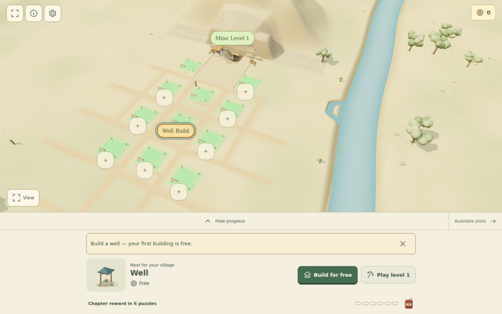 Prospect Hollow first village screen with an available well plot, a Build for free button and a Play level 1 action.