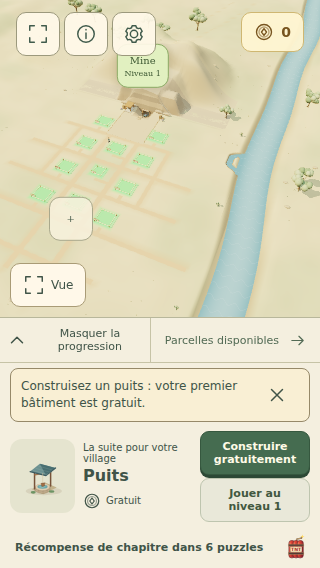 French mobile view of the Prospect Hollow village showing a free first build and the button to start level one.