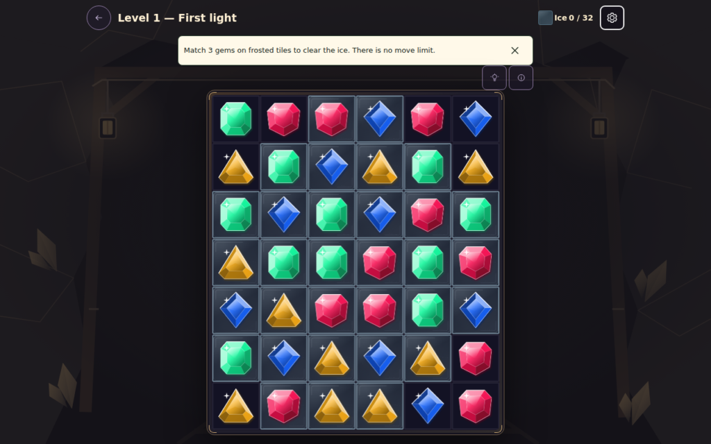 Prospect Hollow level one mine showing a larger jewel board, ice objective and a short tip above the board.