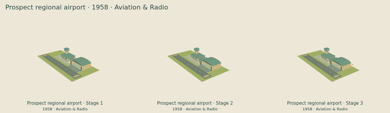 Three stages of Prospect Hollow’s 1958 regional airport, showing its runway, terminal, control tower and curved hangar