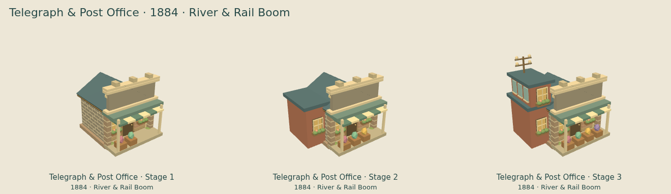 Three completed upgrade stages of Prospect Hollow’s Telegraph and Post Office in the 1884 River and Rail era