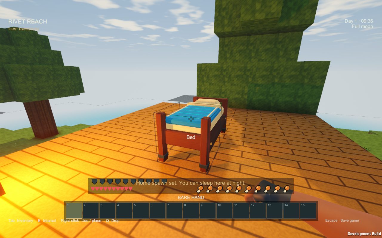 A timber bed with a blue quilt in Rivet Reach, with the Home spawn set confirmation visible