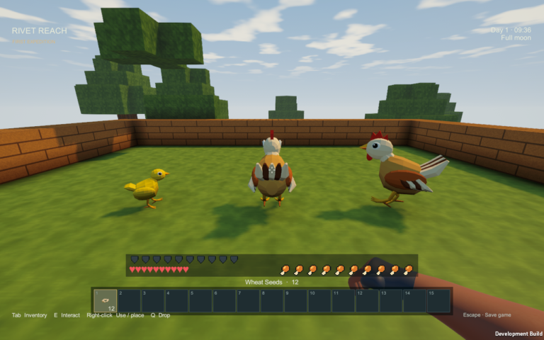 Two adult chickens and a yellow chick in a grassy Rivet Reach review enclosure