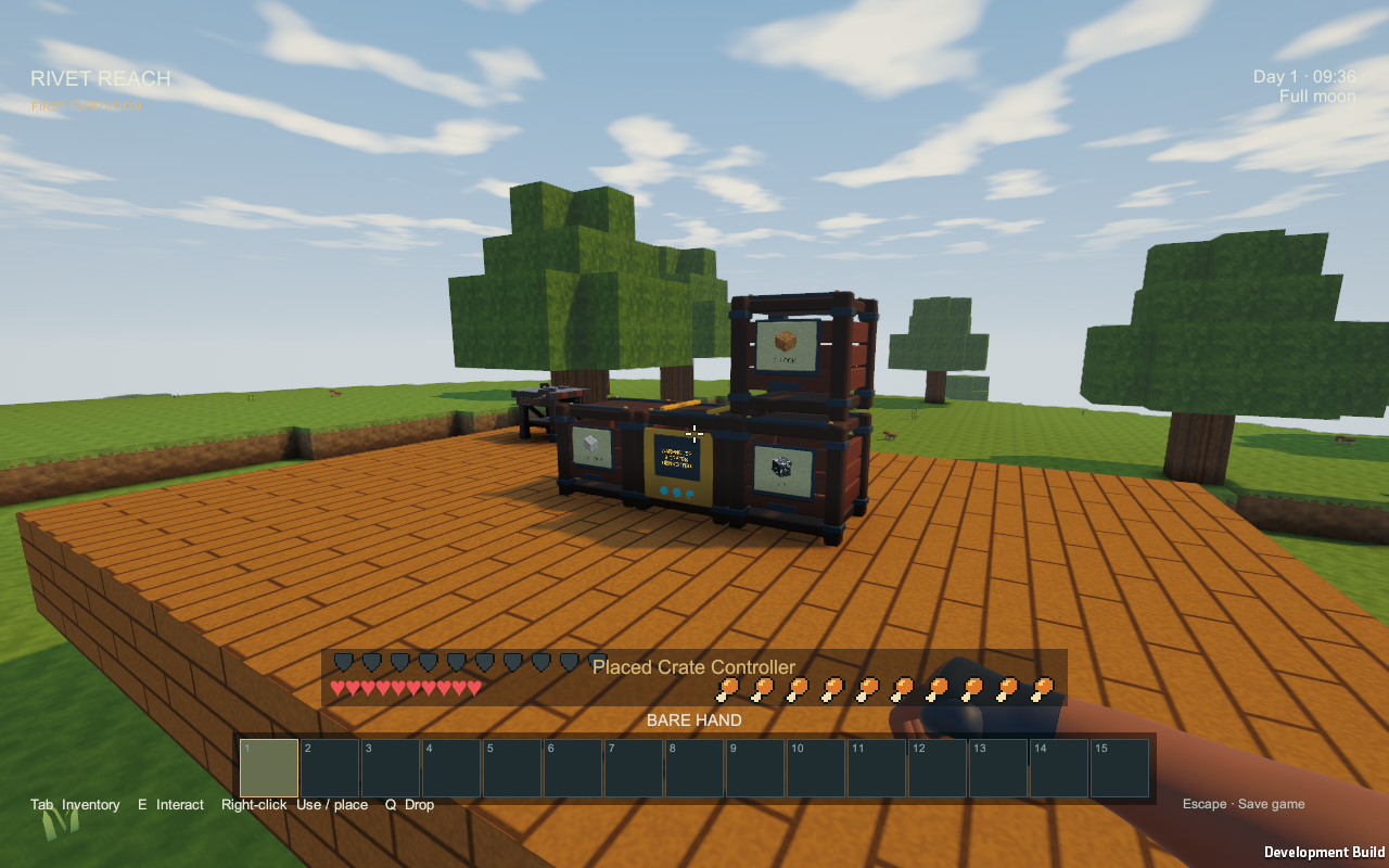 Rivet Reach development build showing stacked storage crates around a crate controller on a wooden test platform.