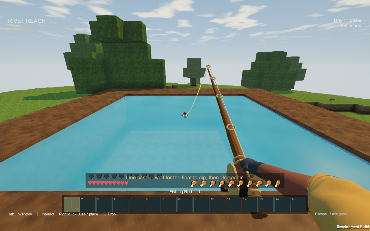 A fishing rod with its line and float cast into a constructed pond in Rivet Reach