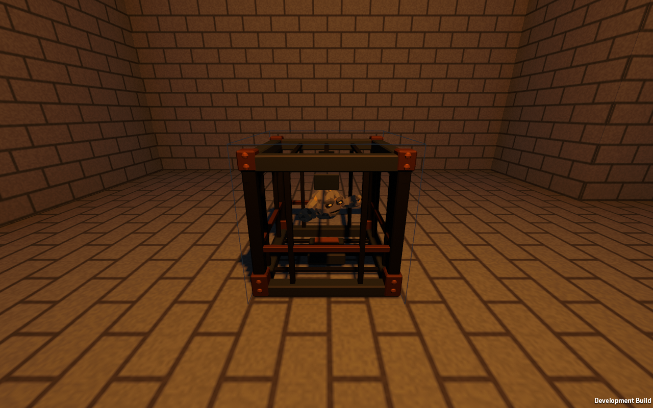 A Floater spawner cage with a miniature stone creature inside a generated Rivet Reach dungeon room