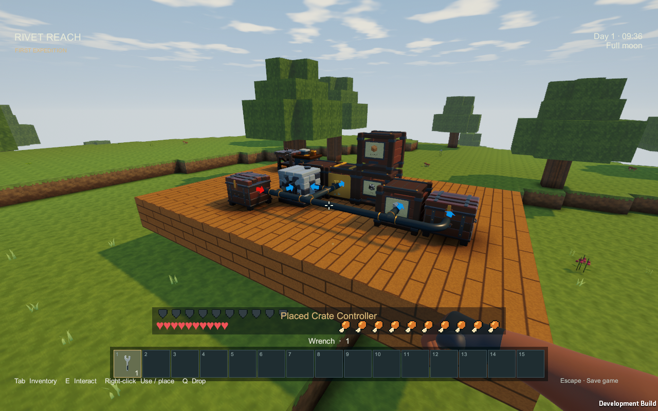 Item pipes connecting a source chest, furnace, warehouse controller, separate crate and overflow chest in Rivet Reach