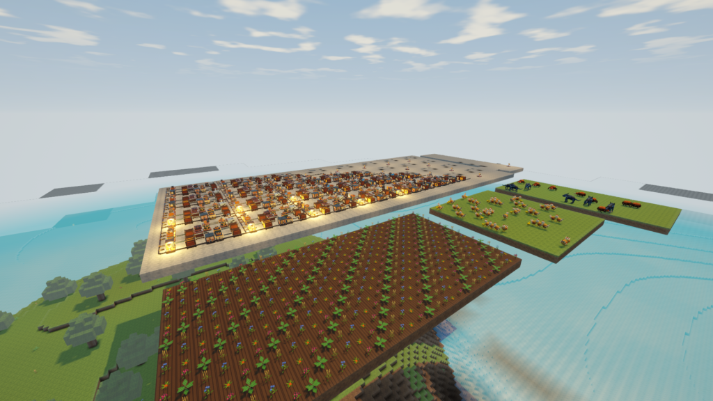 A large planted crop field beside Rivet Reach’s factory platform, with separate areas for chickens and hostile mobs.