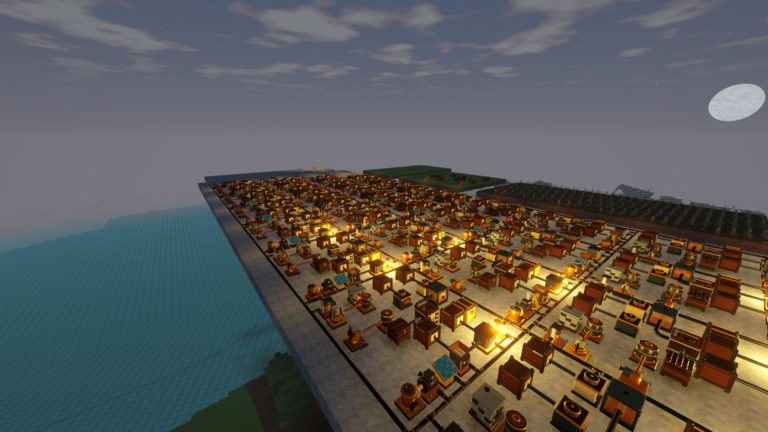 Rows of glowing furnaces, machines and connected production lines beneath the moon in Rivet Reach.