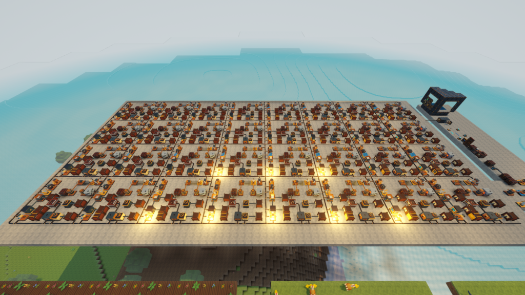 Overhead view of Rivet Reach’s raised factory test platform with rows of machinery, crates, cables and pipes.