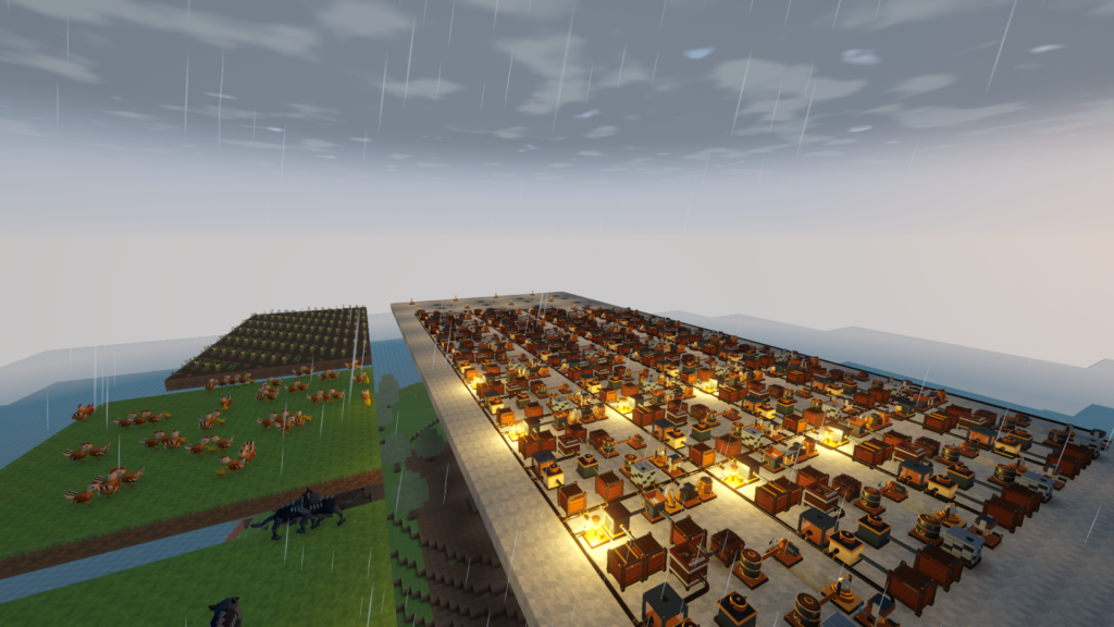 Rain falls over an operating Rivet Reach factory beside crop beds, chickens and hostile creatures in a test world.