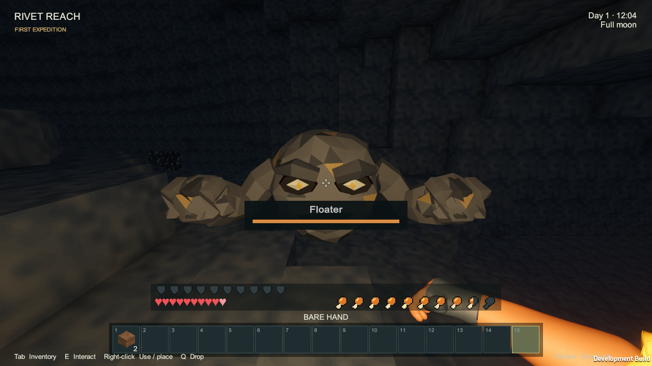 A Floater hovering in a Rivet Reach underground cave, showing its rocky body, heavy arms and health bar