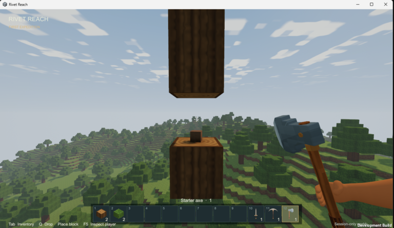 First-person screenshot from the current Rivet Reach build. The player holds a blue-gray starter axe, standing on suspended log platforms high above a valley of generated trees and terraced green hills. A cloudy sky fills the background. The hotbar shows wood, foliage, and tools, with the starter axe selected.