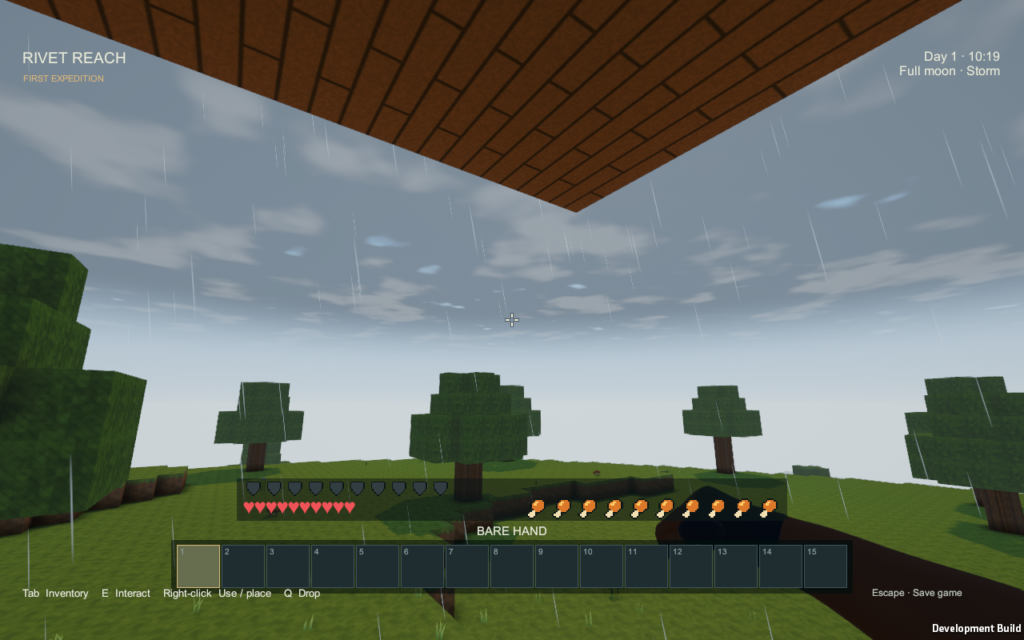First-person view from beneath a wooden roof, looking out at rain and storm clouds in Rivet Reach.