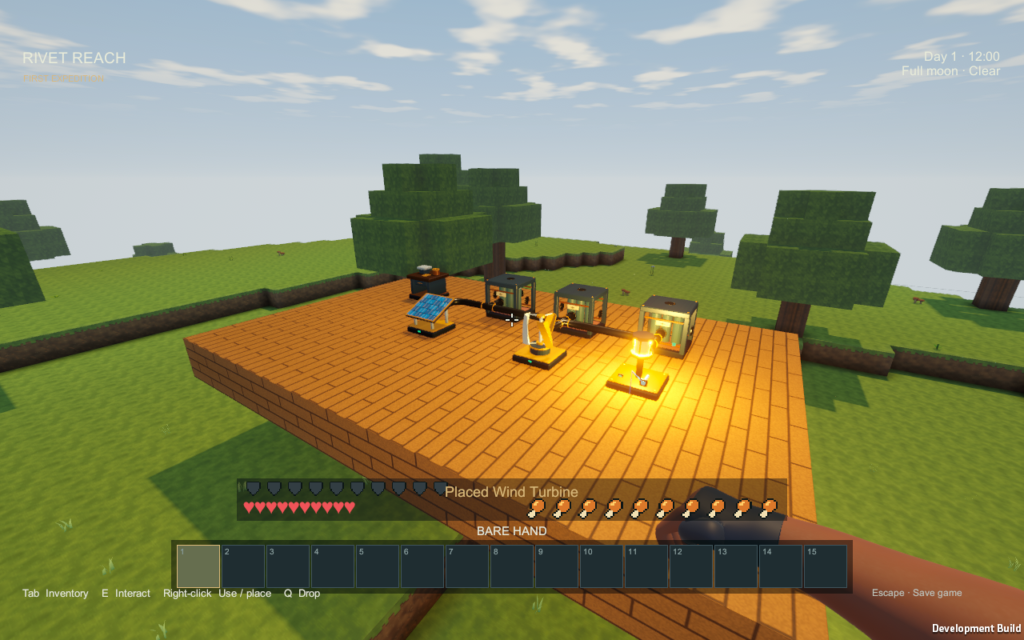 A solar panel and wind turbine connected to three batteries and a glowing lamp on a wooden platform.