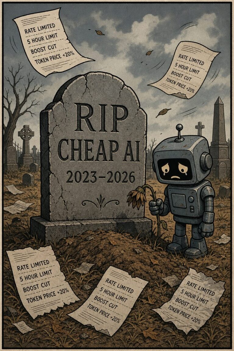Cartoon tombstone reading RIP cheap AI 2023-2026 with rate limit receipts and sad robot
