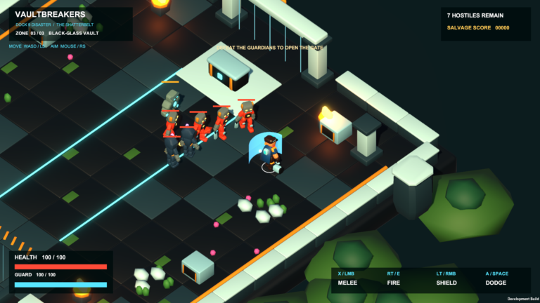 Vaultbreakers in the Shatterbelt is a controller-first sci-fi arcade brawler in Unity. The current build is a single-player Dock 9 POC — three connected combat zones, melee/fire/shield/dodge, sealed gates, checkpoints, and a final vault core. Longer-term: gems, gauges, cards, scanning, pets, and the rest of the Shatterbelt. This post is the reveal, not the roadmap dressed up as shipping.