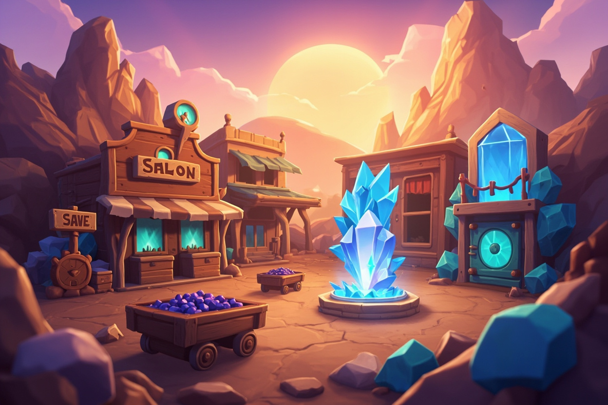 Stylized low-poly mobile match-3 game scene: a cozy crystal prospector village at golden hour with gem-themed buildings made of warm wood and cyan crystal accents, a glowing crystal save-vault in the town square, and cyan crystal outcroppings integrated into the architecture. Warm sunset sky, gem-laden wooden carts in the foreground. Vibrant cartoon cozy game art style.