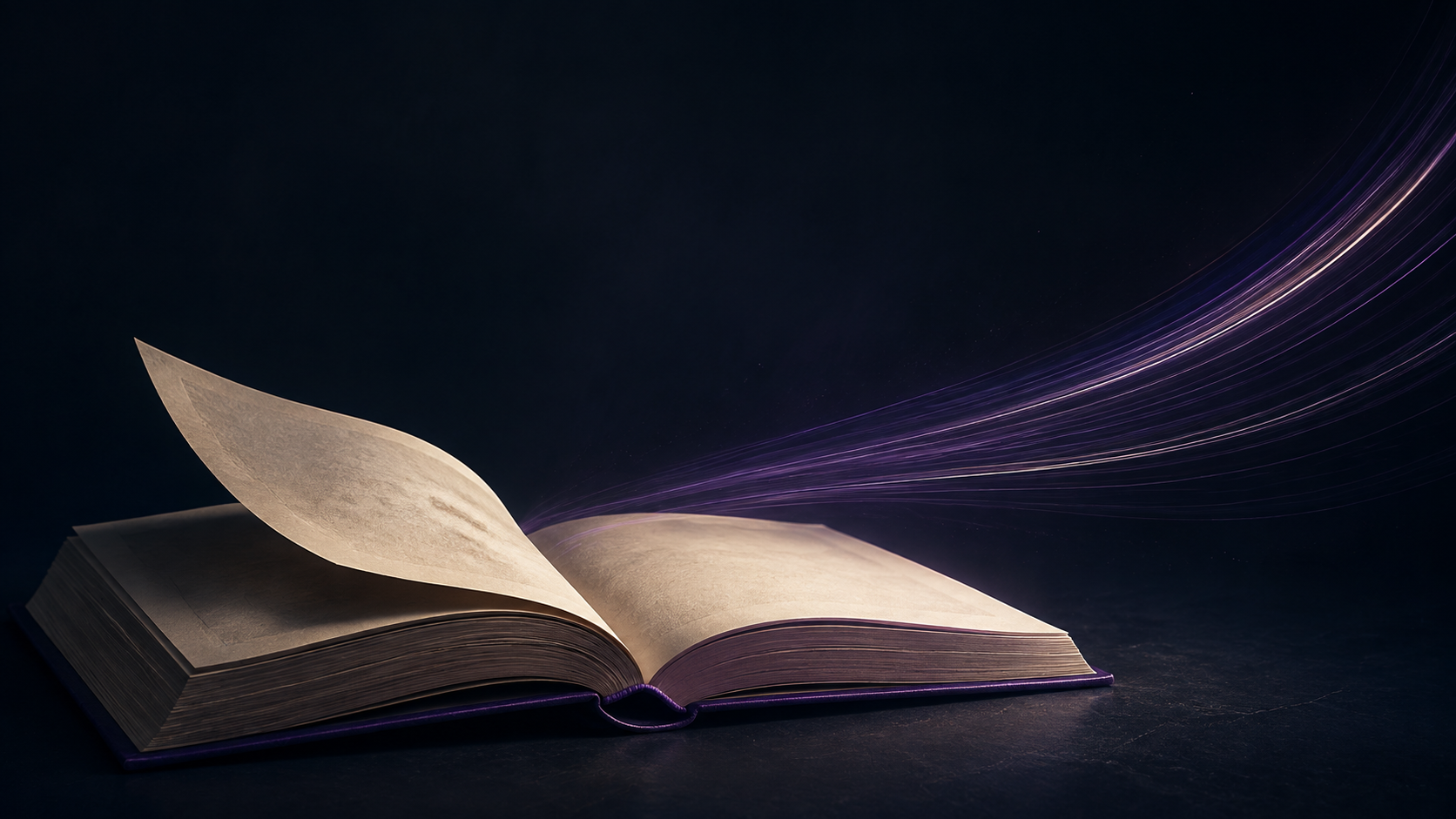 Open hardcover comic book with a soft purple ribbon of speed lines flowing off the right page across a dark navy background.