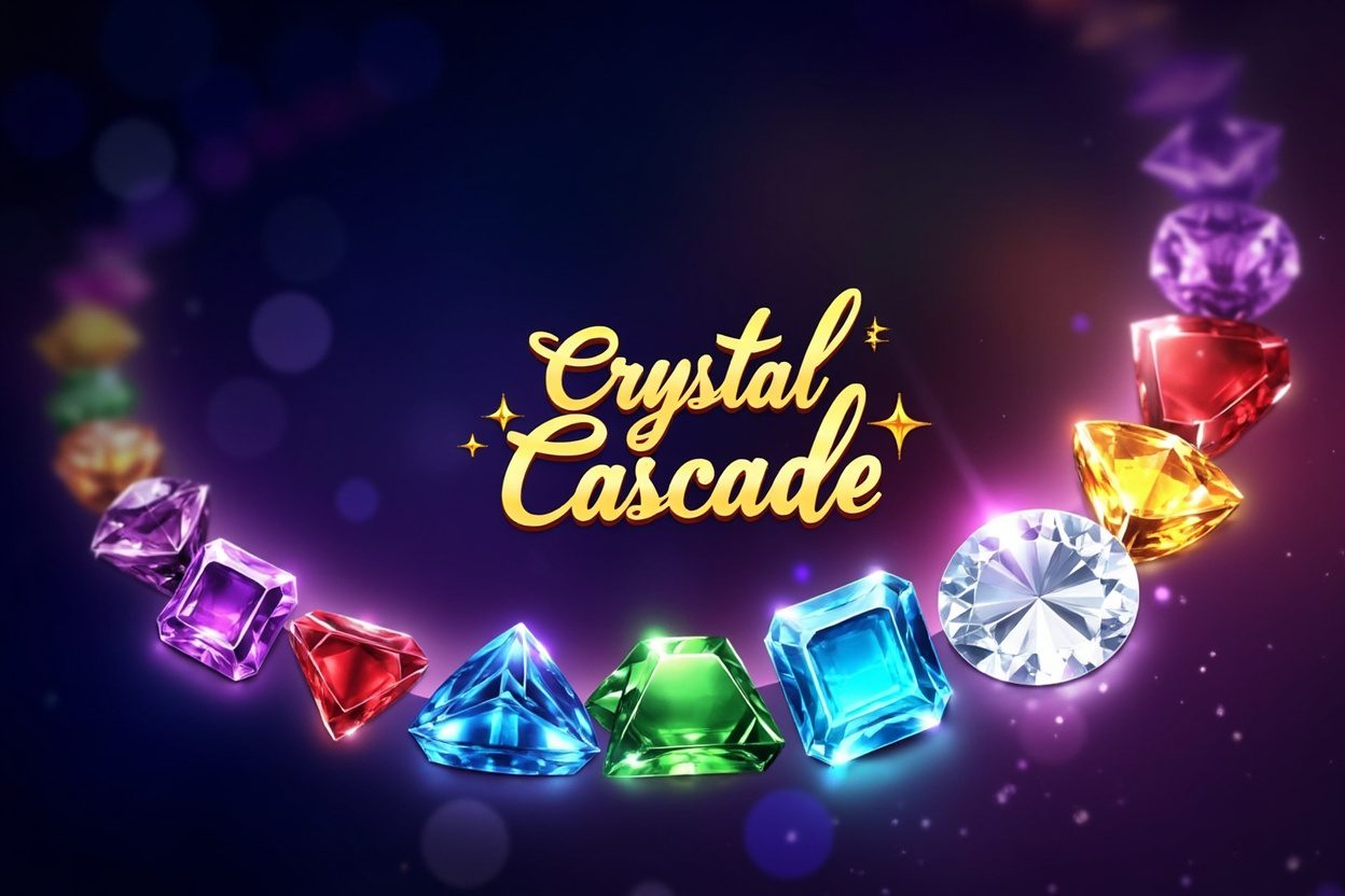Crystal Cascade jewel game — glowing faceted gems on a dark purple background