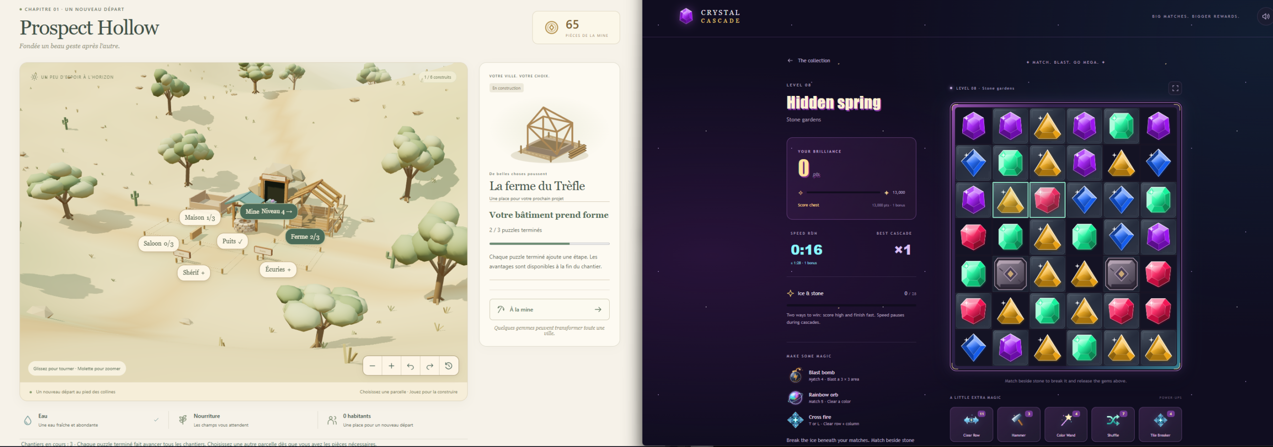 Side-by-side screenshots: Prospect Hollow (a pastel Far-West village with named buildings, mine, and resource HUD) on the left, Crystal Cascade (a match-3 jewel board with gems, timer, and power-ups) on the right.